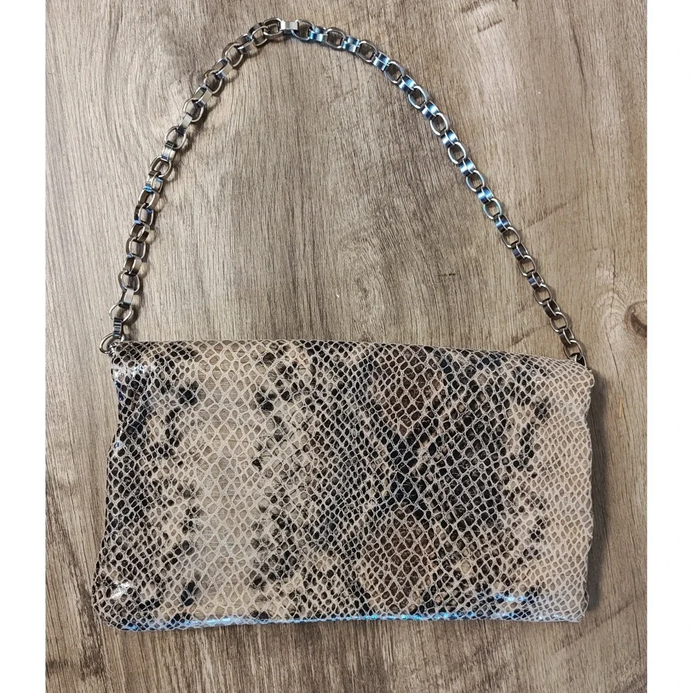 Alfani Foldover Clutch Bag Womens Medium Beige Brown Faux Snakeskin Chain Strap